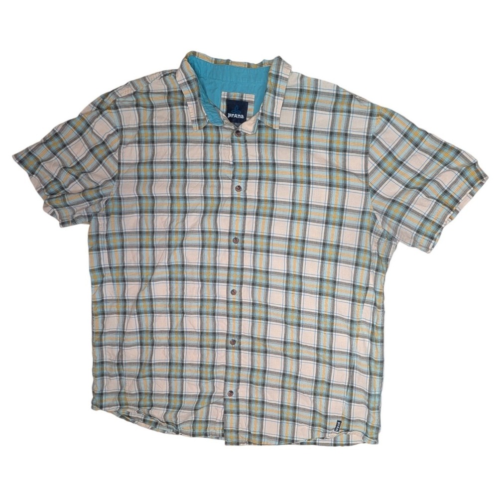 prAna Button Front Shirt Mens XXL Teal Plaid Short Sleeve Organic Cotton Blend